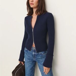 Reformation Navy Blue Ribbed Cardigan
